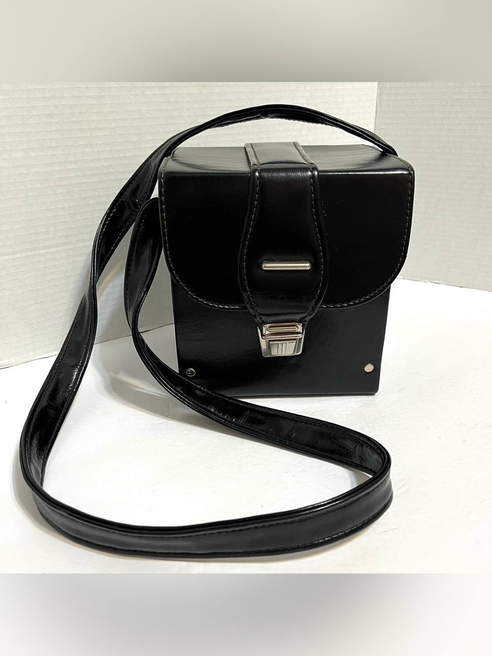 Vintage Black Leather Cube Hard Camera Case Bag Shoulder Strap